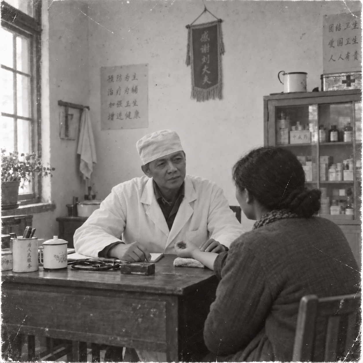 Historical family archive photograph of Dr. Lau consulting with a patient