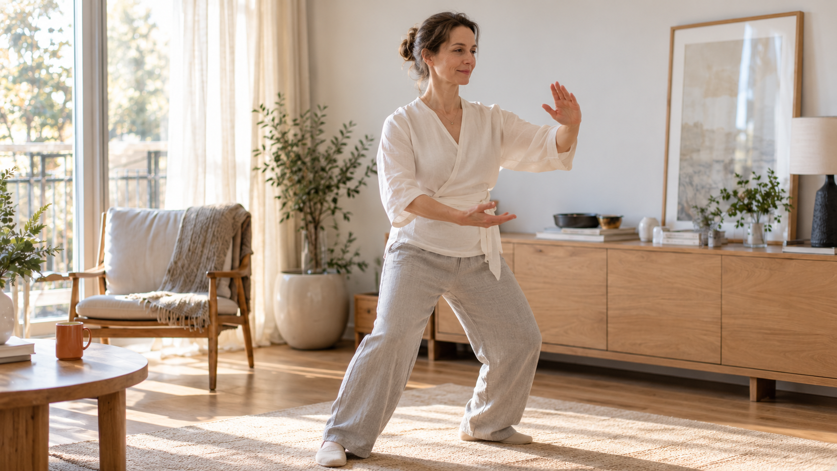 White American woman shown with her full head and hands visible while practicing a gentle Tai Chi movement at home